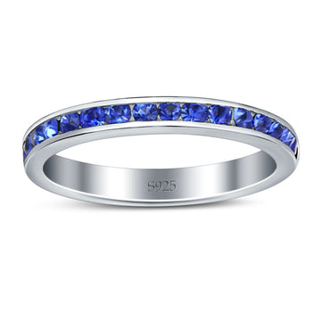 Full Eternity Stackable Band Wedding Ring Simulated Blue Sapphire CZ 925 Sterling Silver